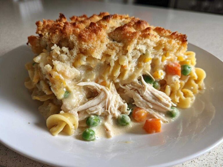 A generous serving of creamy Chicken Noodle Casserole with shredded chicken, peas, carrots, and a golden baked topping.