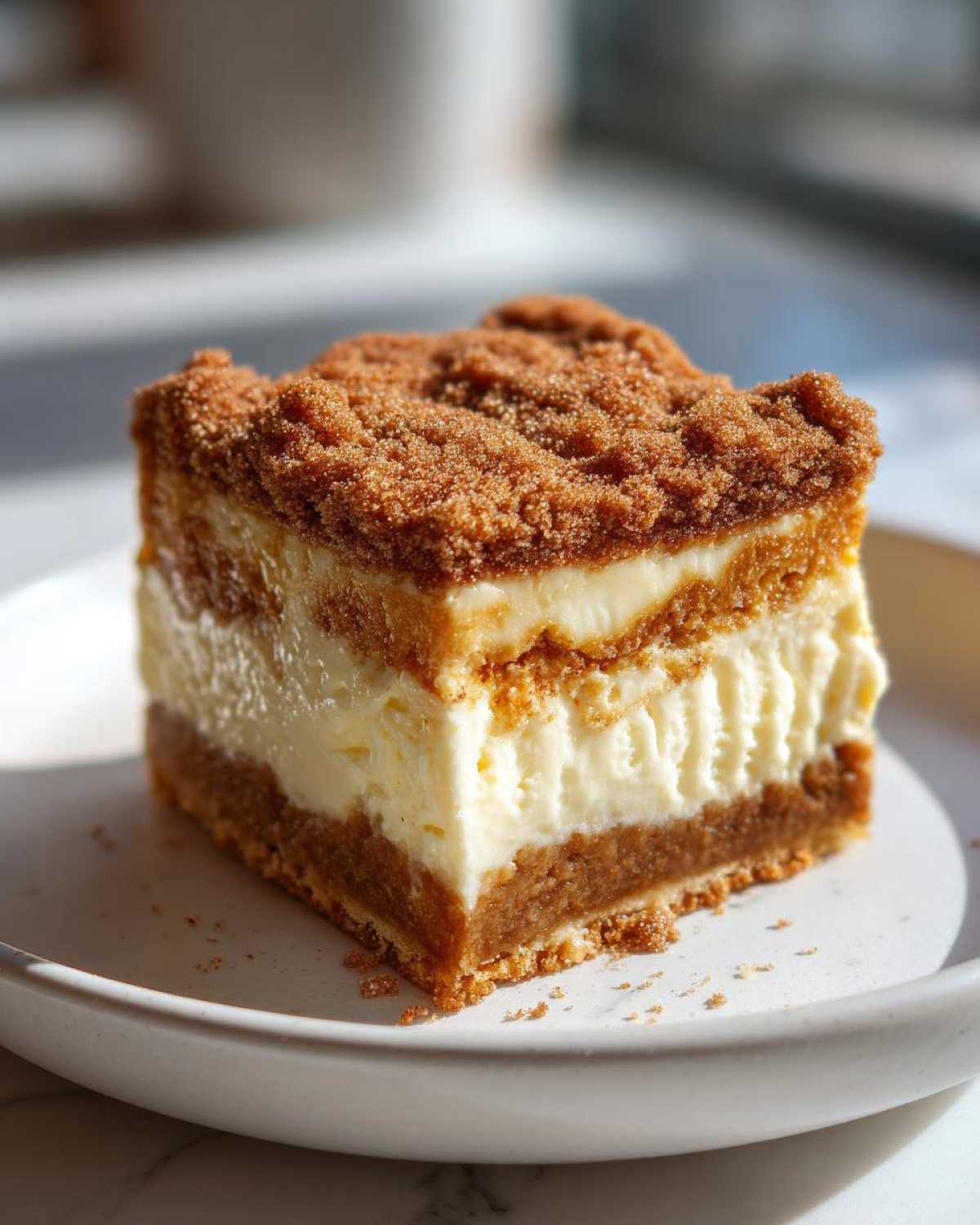 A single square serving of Churro Cheesecake Bars Dessert showing distinct layers of cinnamon crust and creamy filling.