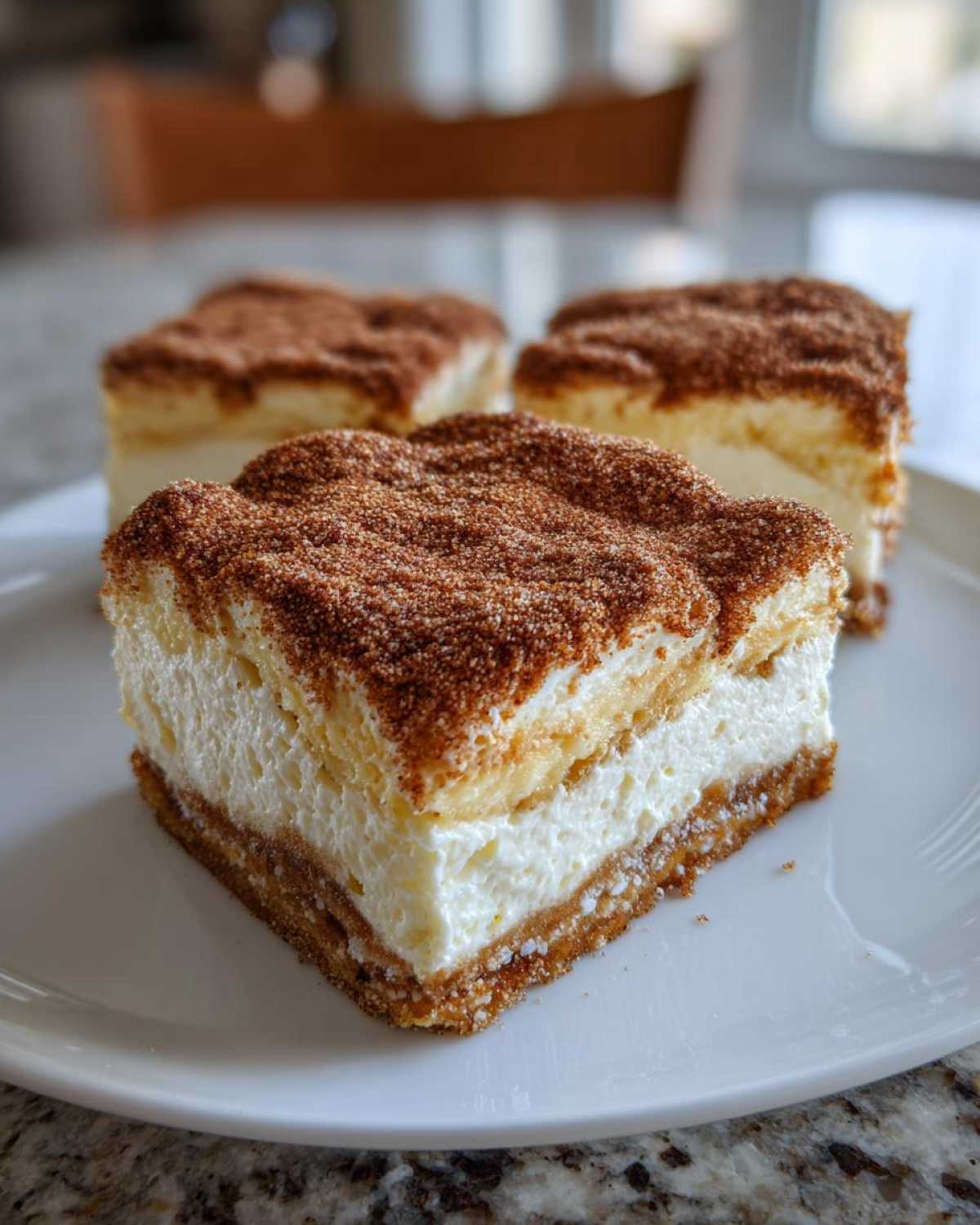 Three squares of creamy Churro Cheesecake Bars Dessert topped generously with cinnamon sugar on a white plate.