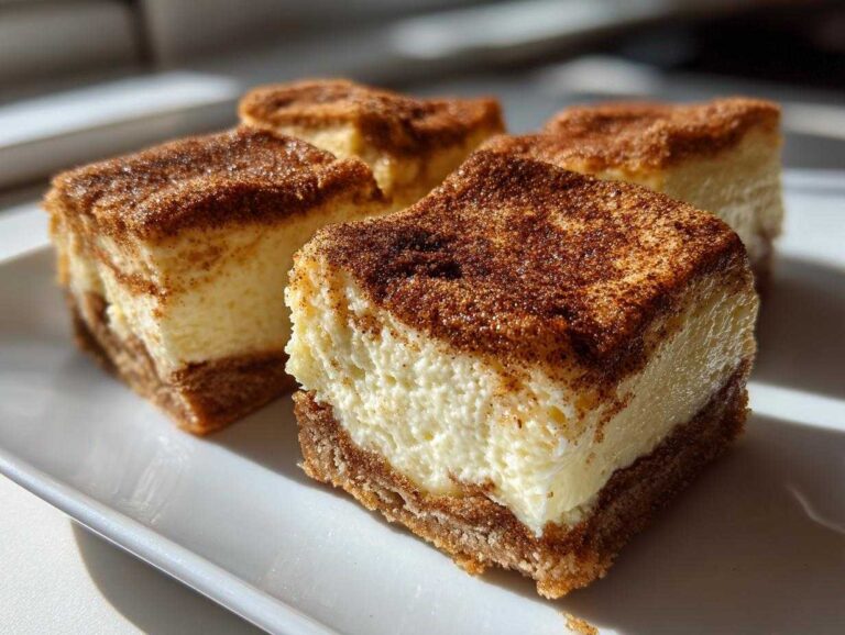 Four square portions of Churro Cheesecake Bars Dessert featuring a thick, creamy filling and a cinnamon-sugar topping on a white plate.