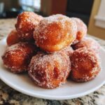 Close-up of golden brown, sugar-coated balls of Cinnamon Donut Bread Pull Apart stacked on a white plate.