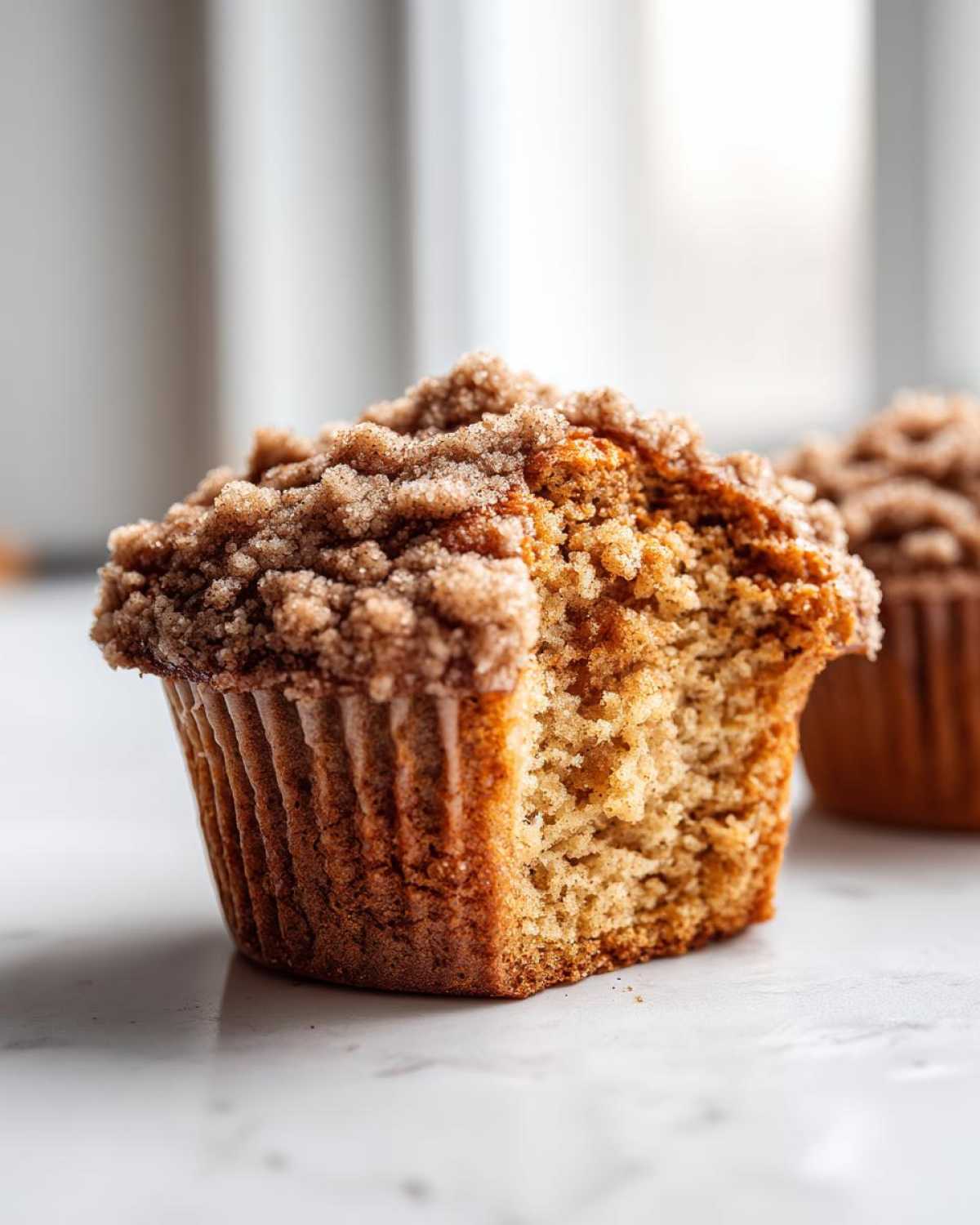A close-up shot of a delicious Cinnamon Muffins with a thick, sugary crumb topping, showing the moist interior.