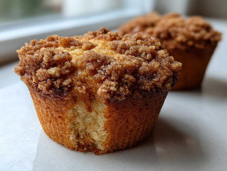 Amazing 12 Cinnamon Muffins Recipes Ideas A close-up of a delicious Cinnamon Muffins with a thick, sugary brown streusel topping, showing the texture of the cake base.