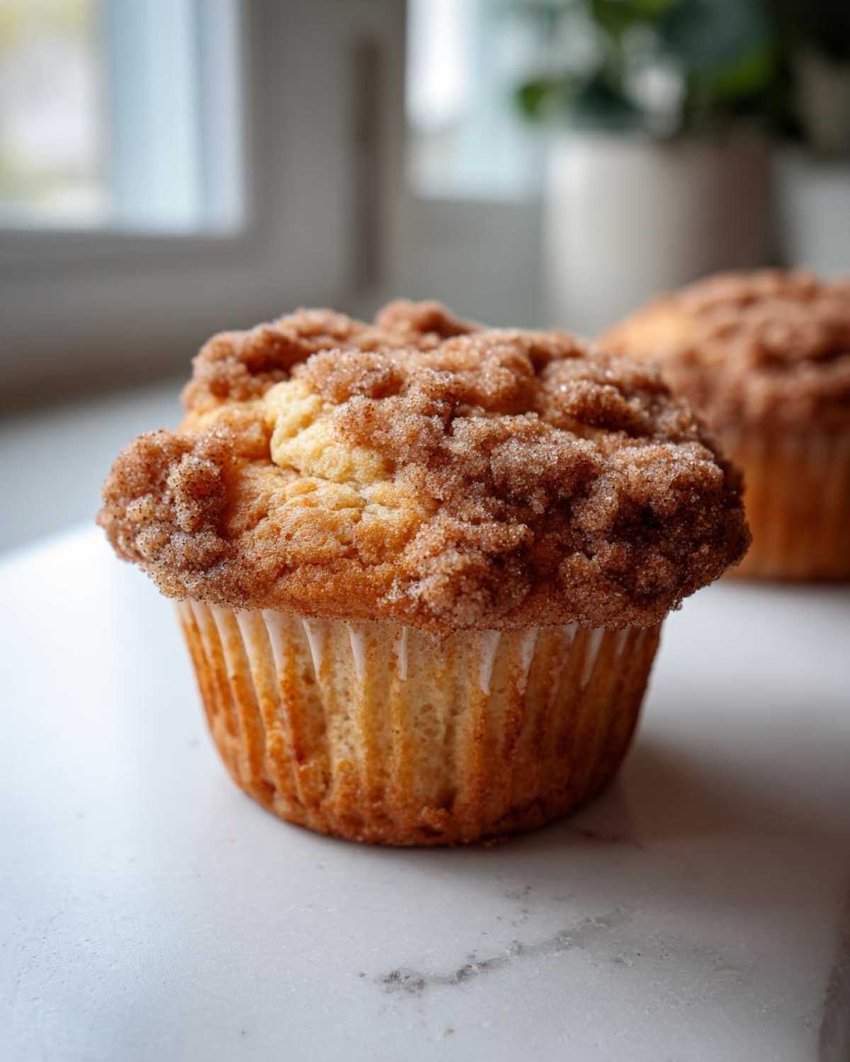 A close-up of a freshly baked Cinnamon Muffins topped with a thick, sugary cinnamon streusel.