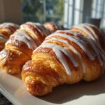 Close-up of several golden brown Cinnamon Roll Crescents drizzled with white icing on a white platter.