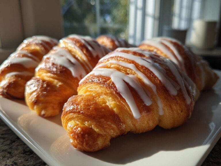 3 Elegant Cinnamon Roll Crescents Mom Loves Close-up of several golden brown Cinnamon Roll Crescents drizzled with white icing on a white platter.