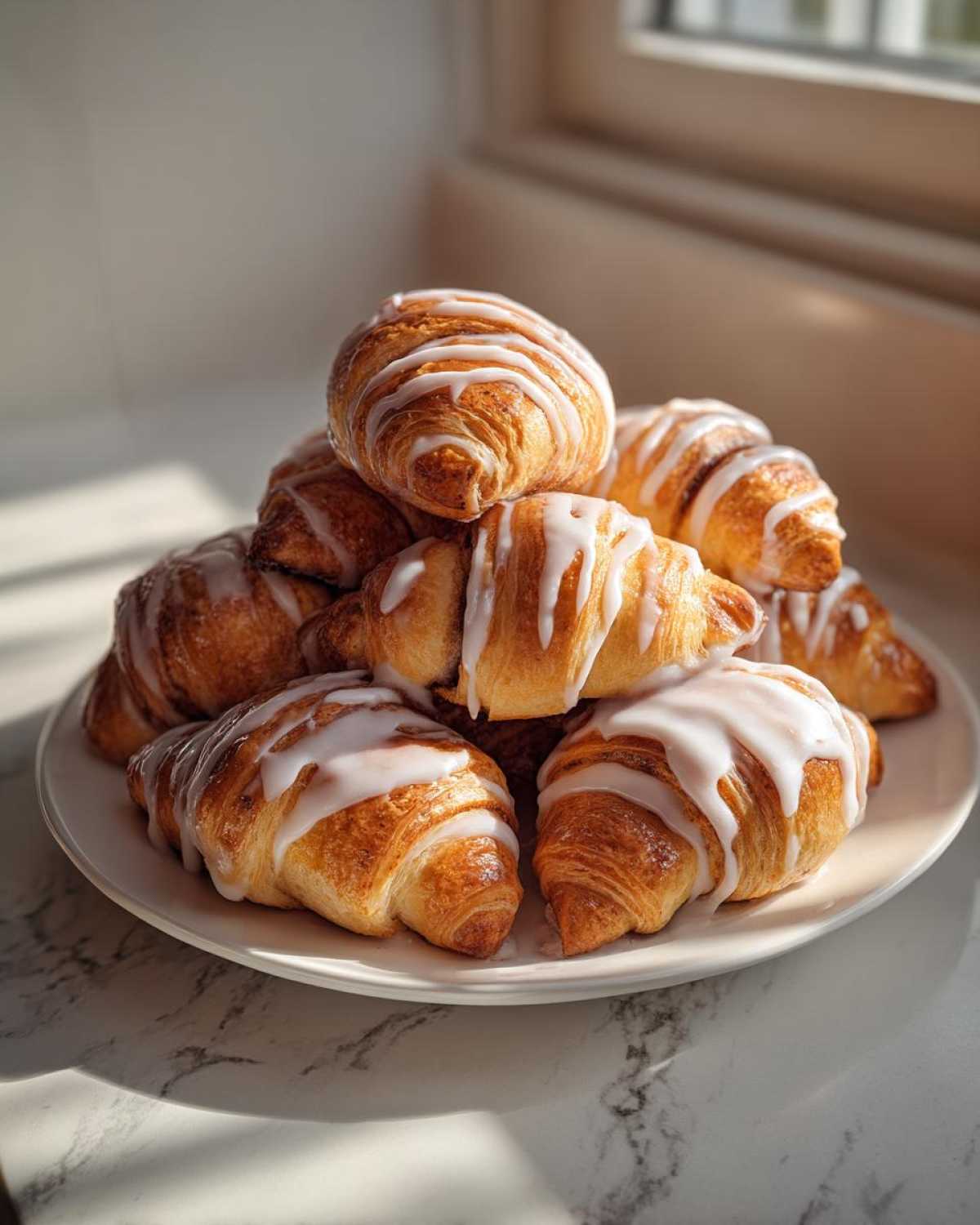 A plate piled high with golden brown Cinnamon Roll Crescents drizzled generously with white icing.