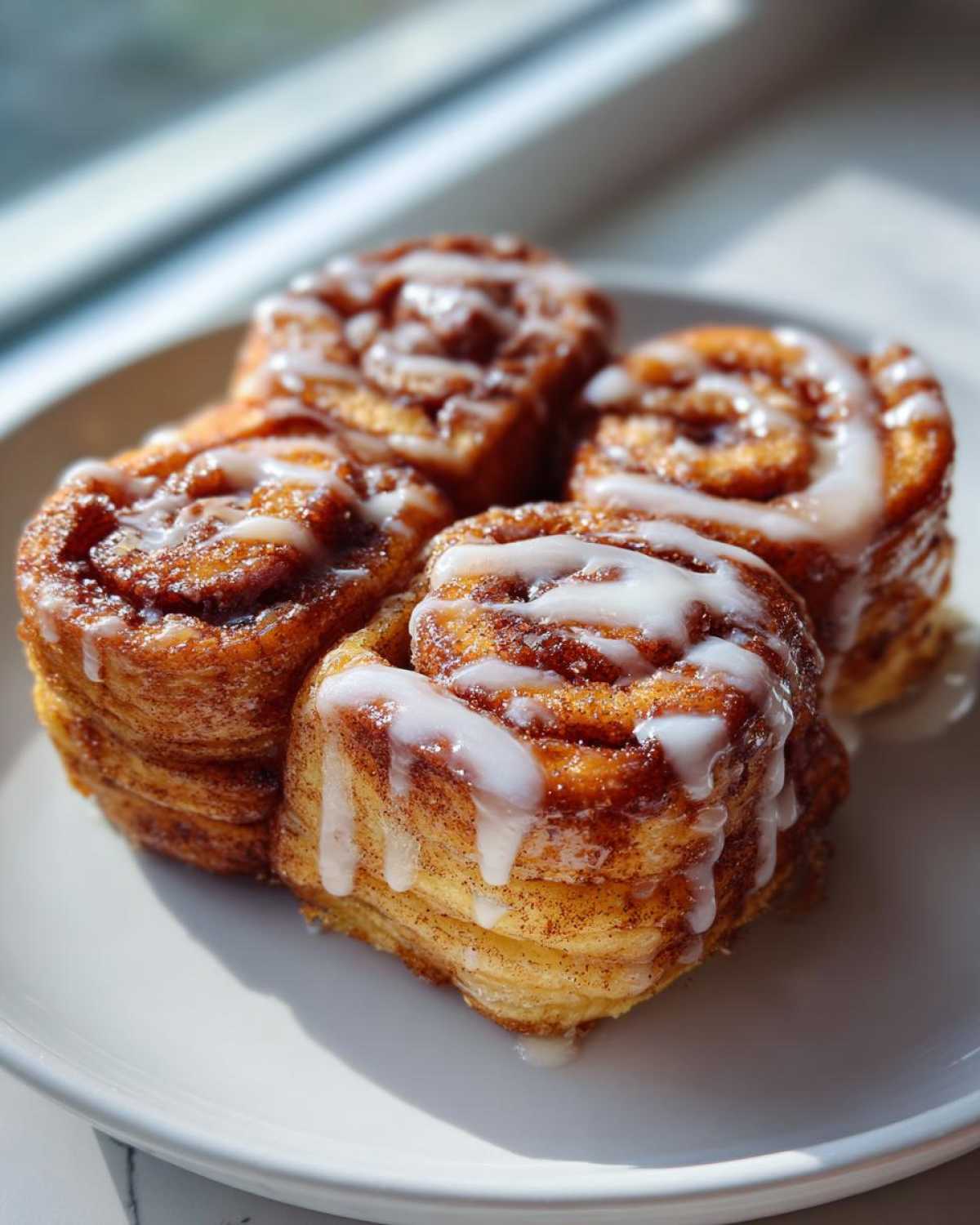 Four golden brown Cinnamon Roll French Toast Roll Ups drizzled generously with white icing on a white plate.
