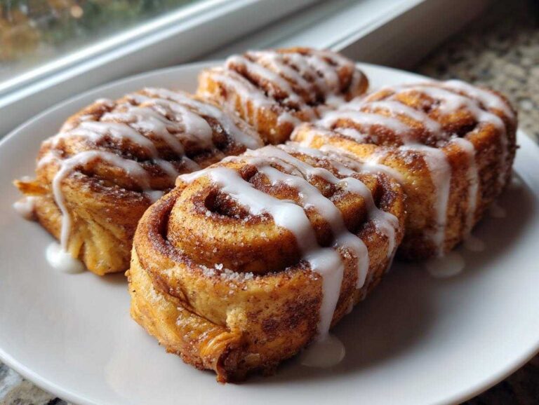 Four golden Cinnamon Roll French Toast Roll Ups drizzled generously with white sweet icing on a white plate.