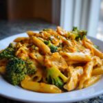 A close-up of creamy Cowboy Butter Chicken Pasta Lemon Broccoli served on a white plate.