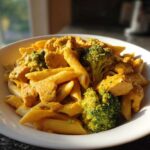 A close-up of Cowboy Butter Chicken Pasta Lemon Broccoli featuring penne pasta, chicken pieces, and bright green broccoli florets in a creamy sauce.