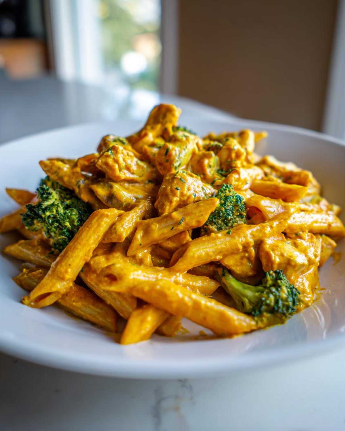 A close-up of rich, orange-sauced Cowboy Butter Chicken Pasta Lemon Broccoli served in a white bowl.