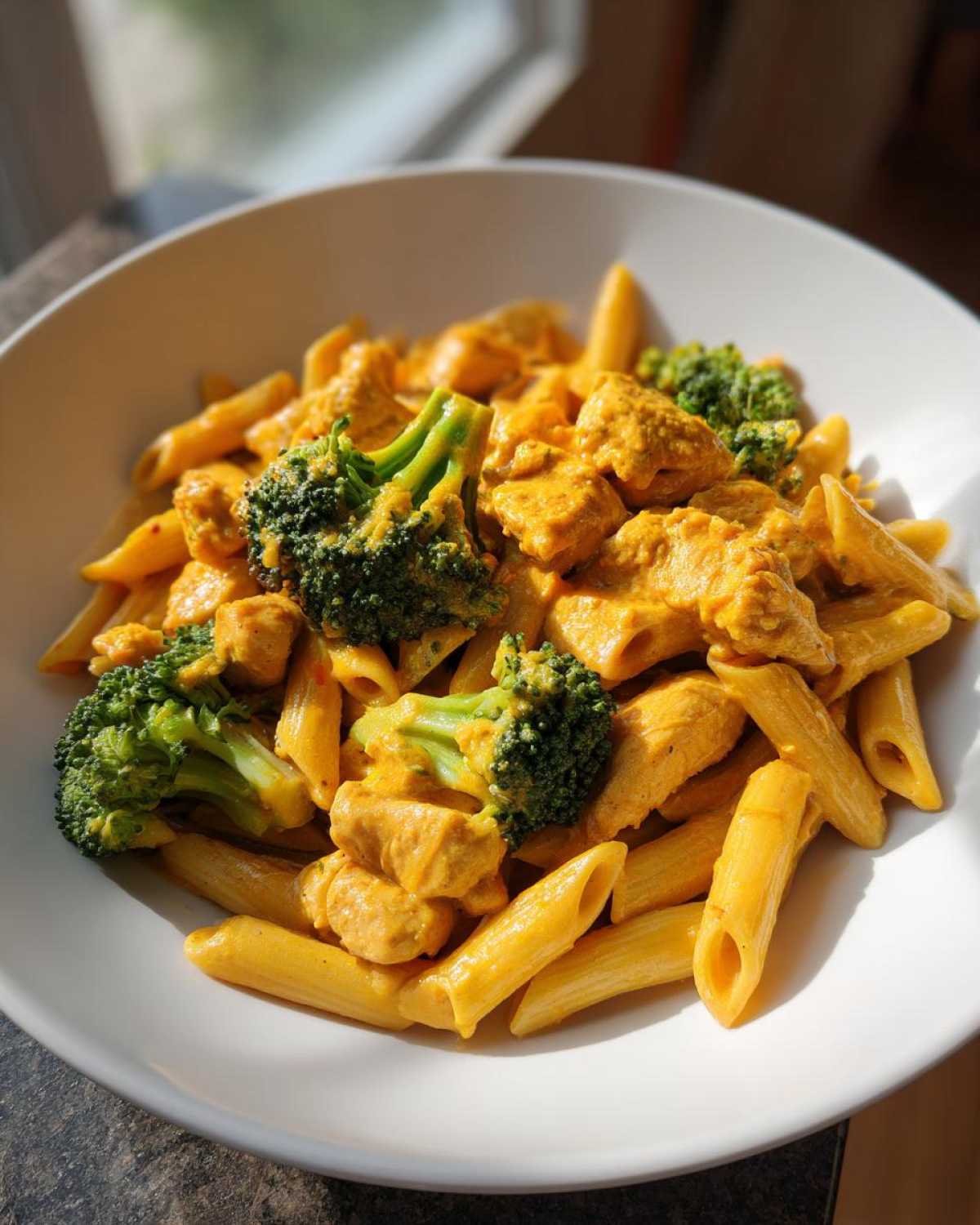 A close-up of Cowboy Butter Chicken Pasta Lemon Broccoli featuring penne pasta, chicken pieces, and bright green broccoli florets in a creamy orange sauce.