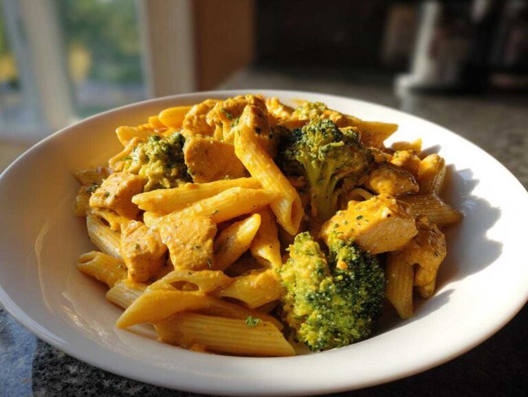 A close-up of Cowboy Butter Chicken Pasta Lemon Broccoli featuring penne pasta, chicken pieces, and bright green broccoli florets in a creamy sauce.