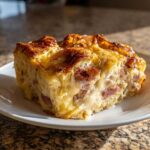 A golden-brown slice of Cozy Croissant Breakfast Bake filled with melted cheese and ham, served on a white plate.