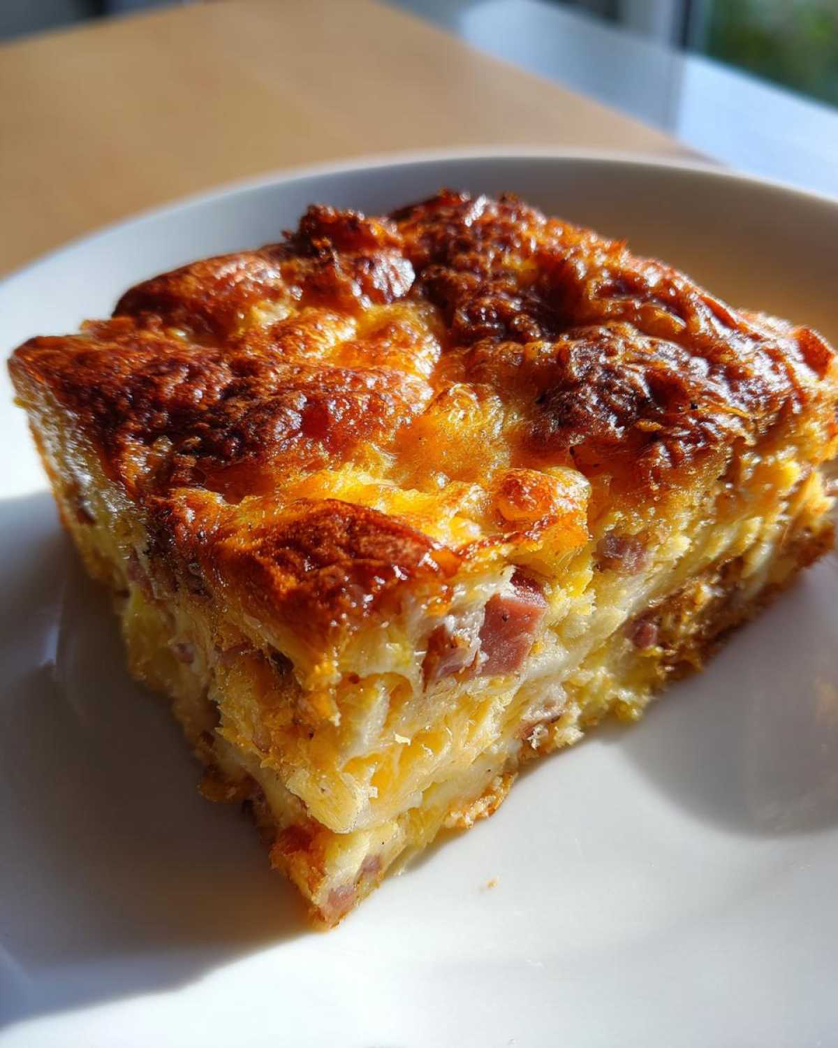 A golden-brown slice of Cozy Croissant Breakfast Bake with visible layers of croissant and ham, served on a white plate.