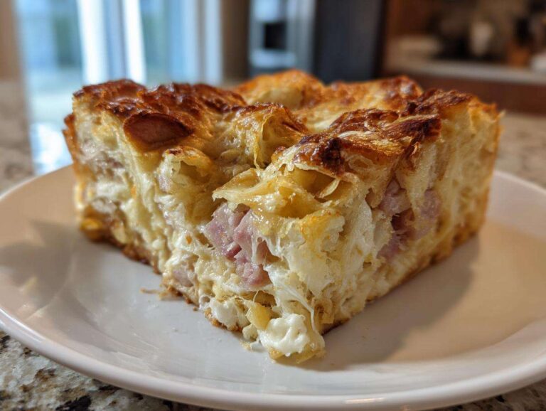 A close-up of a square slice of Cozy Croissant Breakfast Bake featuring flaky pastry, ham, and melted cheese on a white plate.