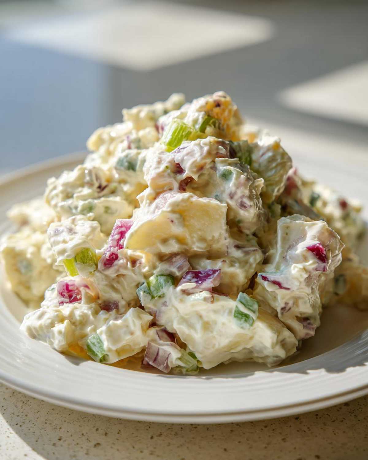 A close-up of a mound of Creamiest Potato Salad featuring chunks of potato coated in a thick, white dressing, mixed with red onion and green celery.