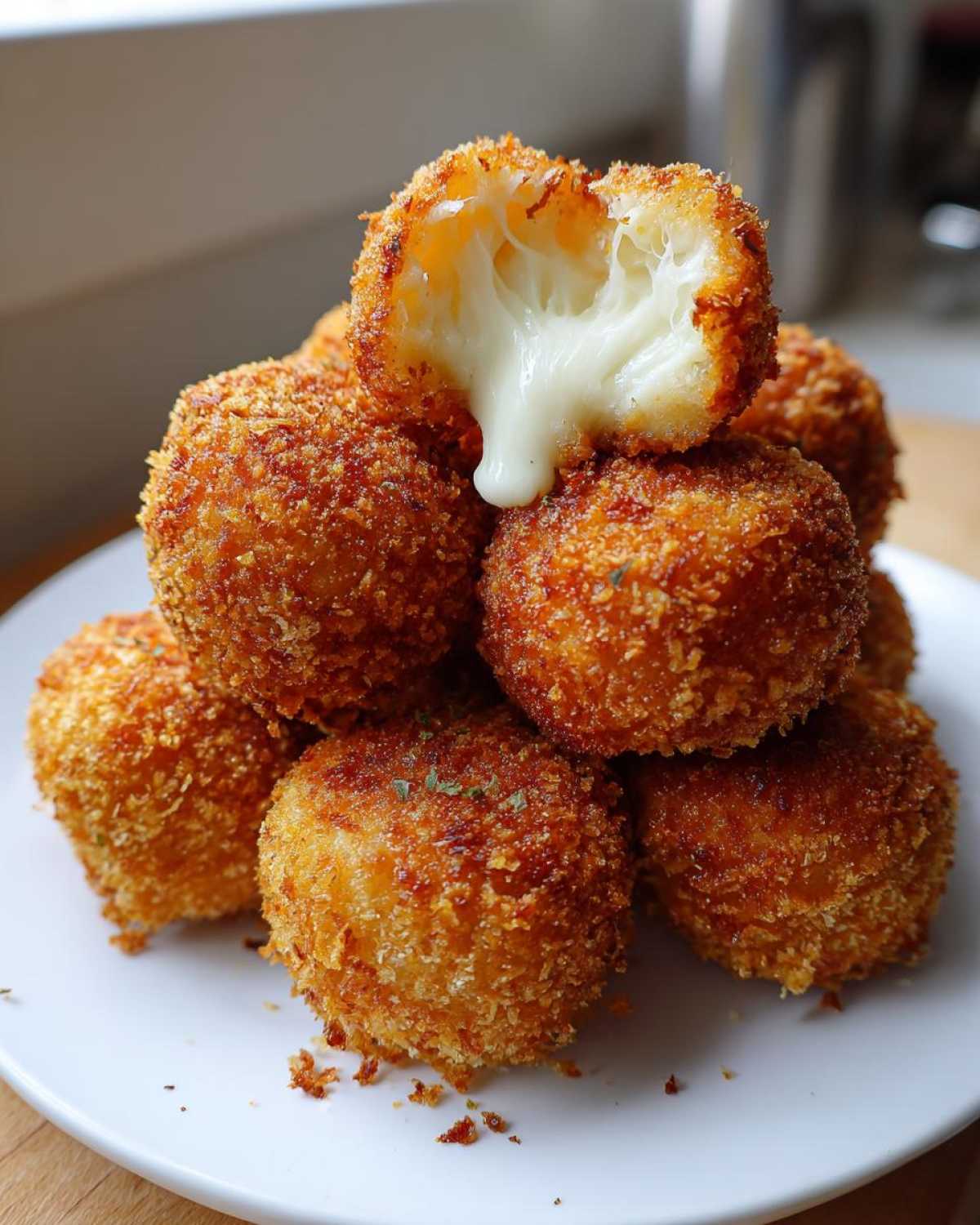 A stack of golden brown Crispy Fried Mozzarella Bites with one broken open showing gooey, melted cheese stretching out.