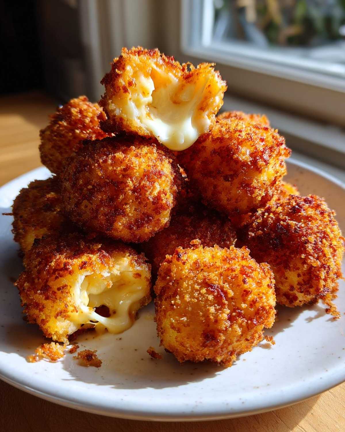 A stack of golden brown Crispy Fried Mozzarella Bites on a white plate, showing melted cheese oozing out of two broken pieces.