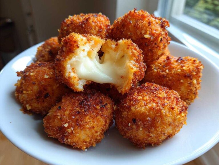A pile of golden brown Crispy Fried Mozzarella Bites on a white plate, one is broken open showing melted, stretchy cheese.