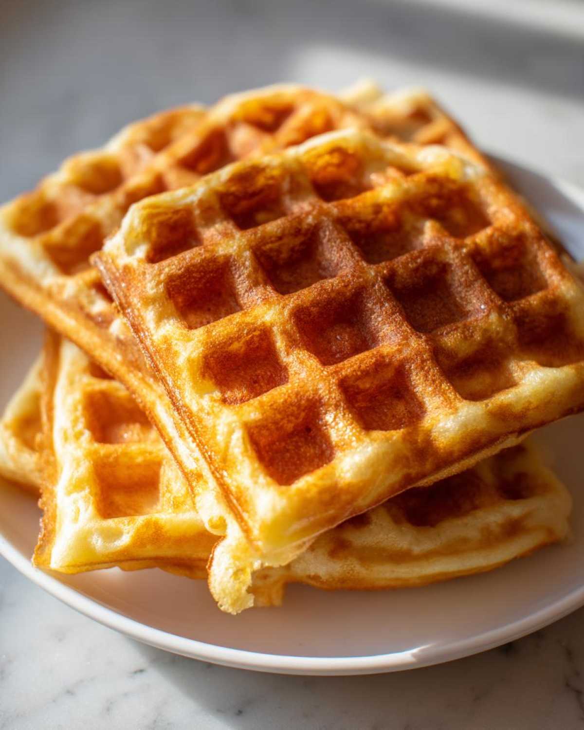 A stack of three golden-brown, crispy Waffle House waffle squares resting on a white plate.