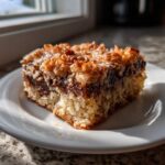 A close-up of a layered bar, an Easy Coconut Pecan Chocolate Dessert, on a white plate.
