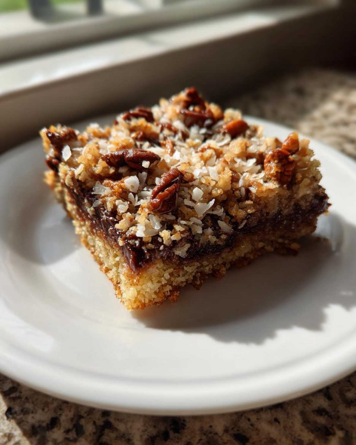 A single square serving of Easy Coconut Pecan Chocolate Dessert with a thick chocolate layer and toasted coconut pecan topping.