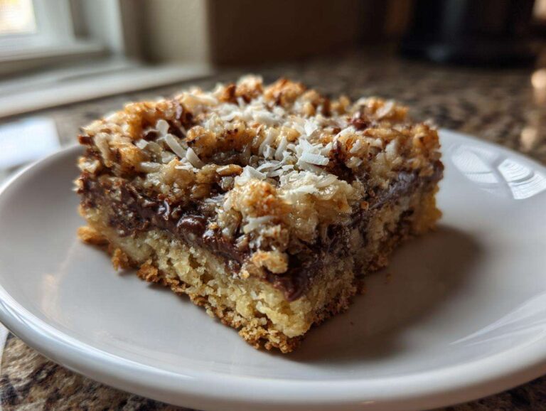 Close-up of a square slice of Easy Coconut Pecan Chocolate Dessert bar on a white plate.