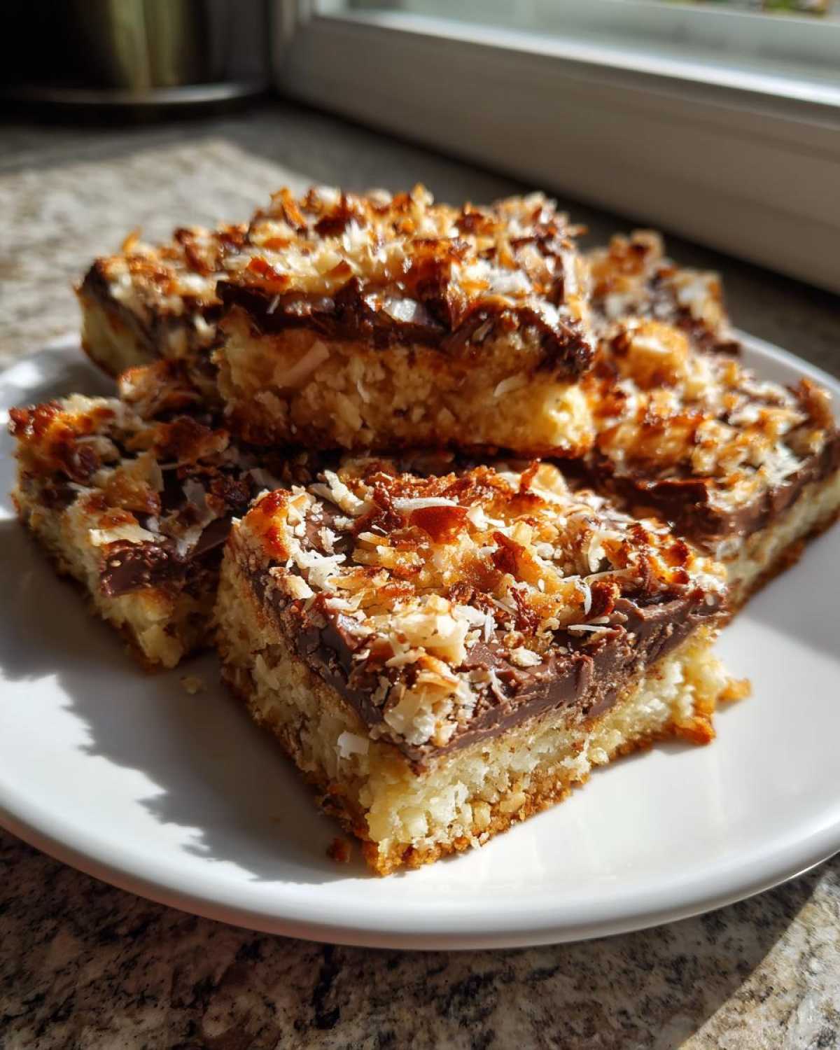 Close-up of several squares of Easy Coconut Pecan Chocolate Dessert bars stacked on a white plate.