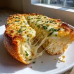 Close-up of ESPECIALLY CHEESY GARLIC BREAD being pulled apart, showing long, gooey cheese strings and a golden crust topped with parsley.