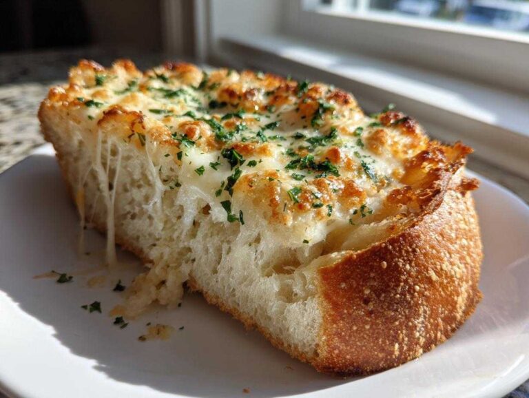 3 Amazing ESPECIALLY CHEESY GARLIC BREAD Secrets A thick slice of ESPECIALLY CHEESY GARLIC BREAD showing melted, stringy cheese pulling away from the soft interior.
