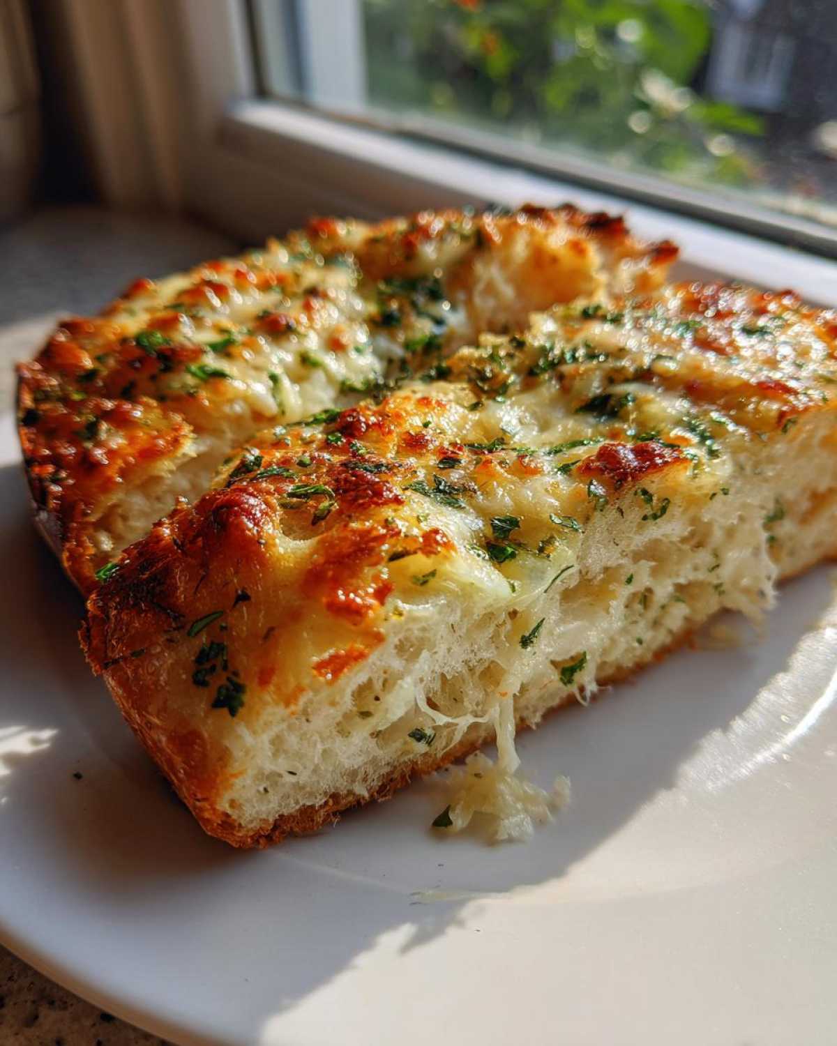 A close-up of a thick slice of ESPECIALLY CHEESY GARLIC BREAD showing melted, browned cheese and fresh parsley.