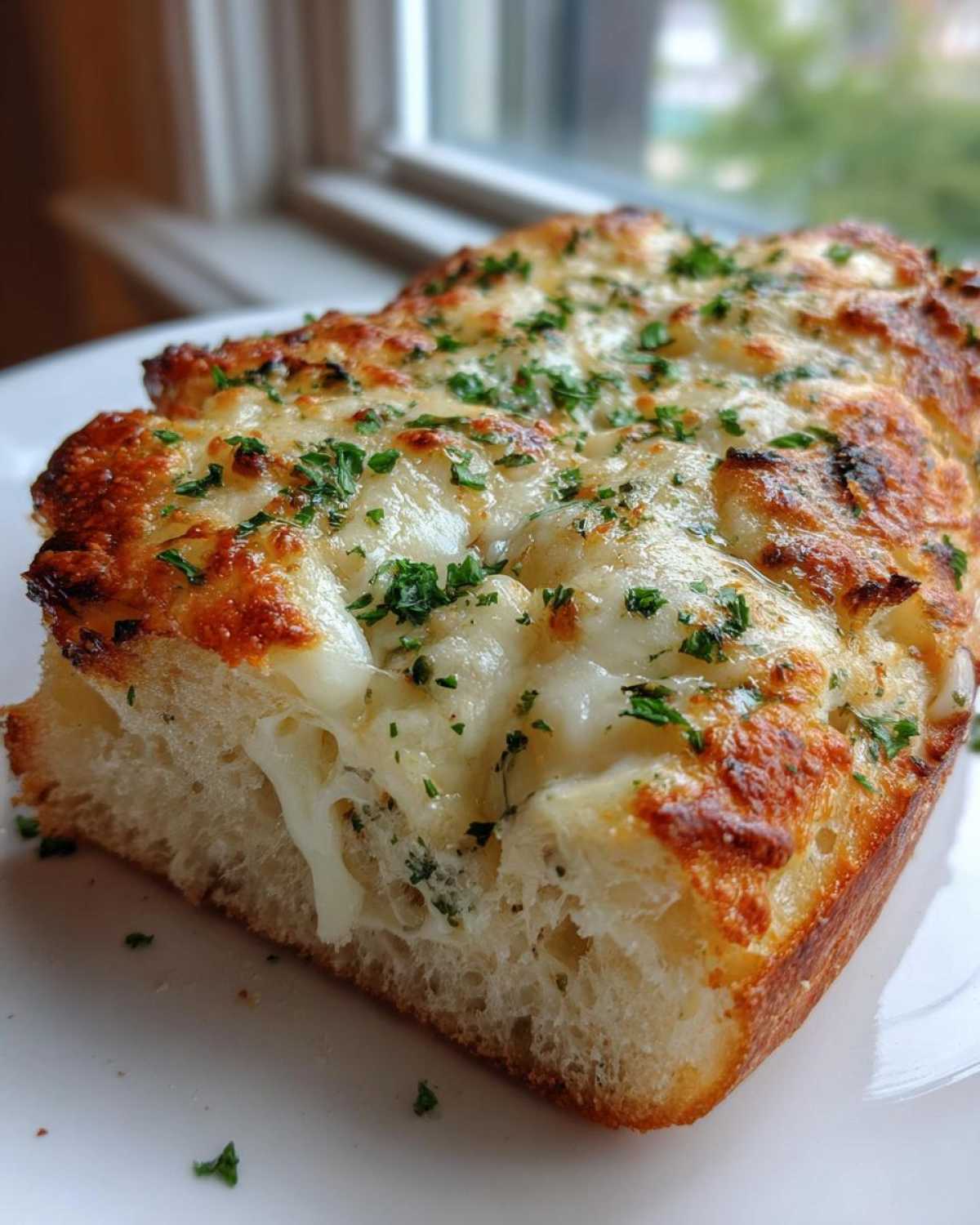 Close-up of a slice of ESPECIALLY CHEESY GARLIC BREAD showing gooey, melted cheese and a sprinkle of parsley.