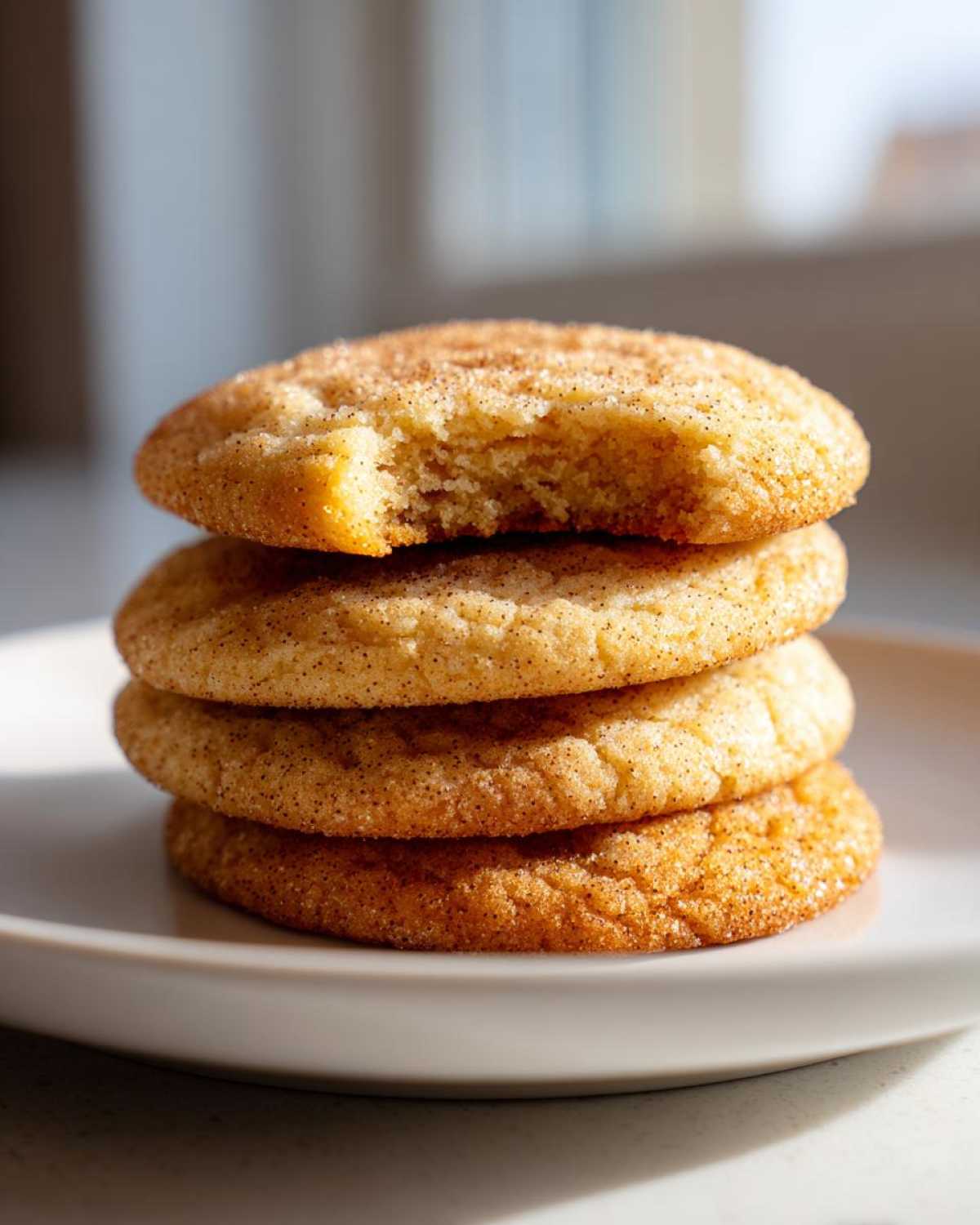 A stack of four soft, cinnamon-sugar coated Flavor Nectar Sugar Cookies, with the top cookie having a bite missing.