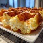 Close-up of a golden brown Belgian waffle showing its incredibly airy and fluffy interior texture, made from The Fluffiest Belgian Waffle Batter.