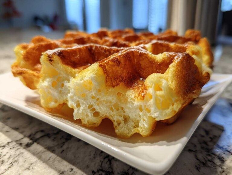 Close-up of a golden brown Belgian waffle showing its incredibly airy and fluffy interior texture, made from The Fluffiest Belgian Waffle Batter.