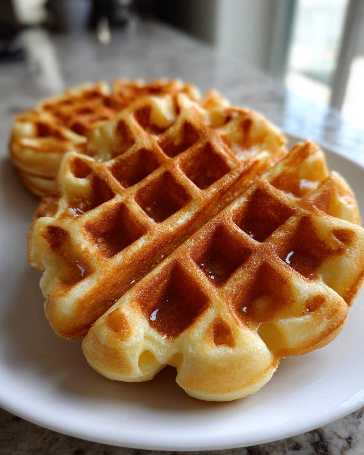 Close-up of two golden brown, fluffy Belgian waffles drizzled with syrup on a white plate.