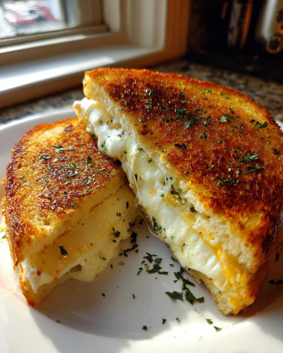 Close-up of a halved Garlic Bread Grilled Cheese sandwich showing gooey, melted cheese overflowing onto a white plate, sprinkled with herbs.