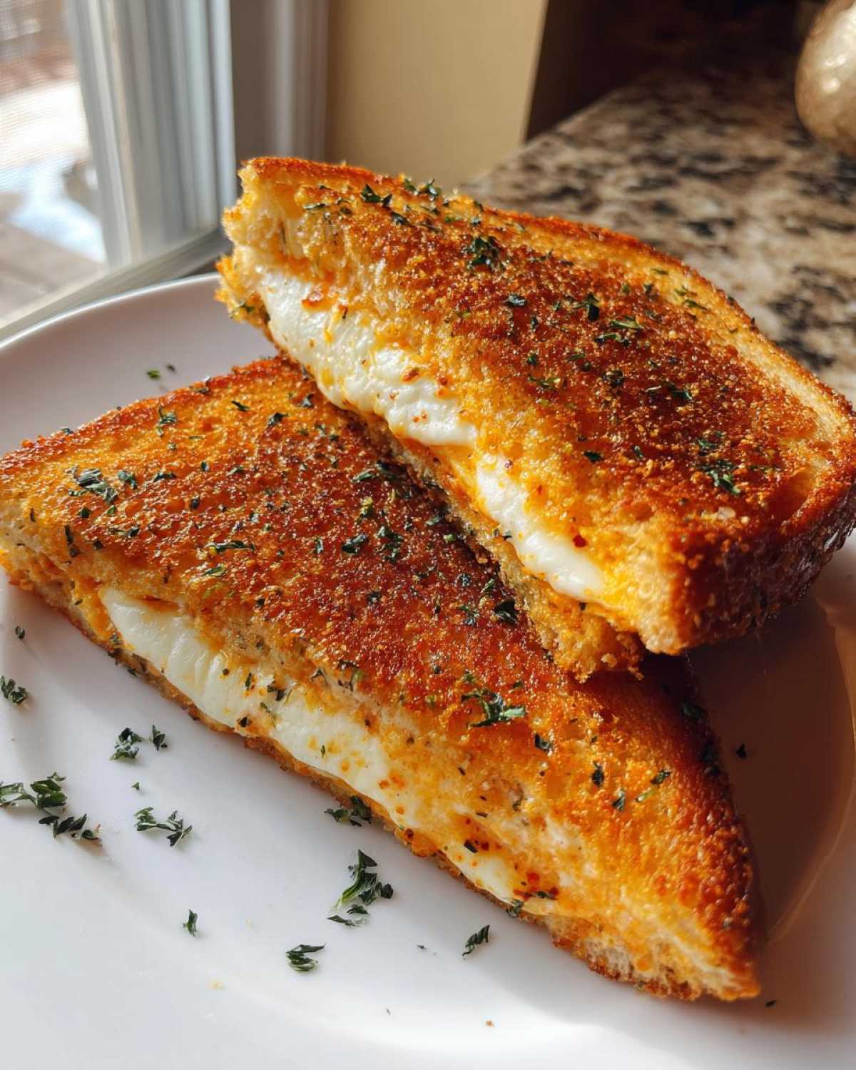 Two halves of a crispy, golden Garlic Bread Grilled Cheese sandwich showing gooey melted white cheese inside, sprinkled with herbs.