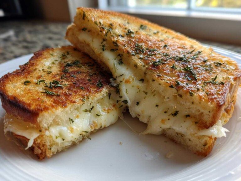 Close-up of a perfectly grilled Garlic Bread Grilled Cheese sandwich cut in half, showing gooey, melted cheese.