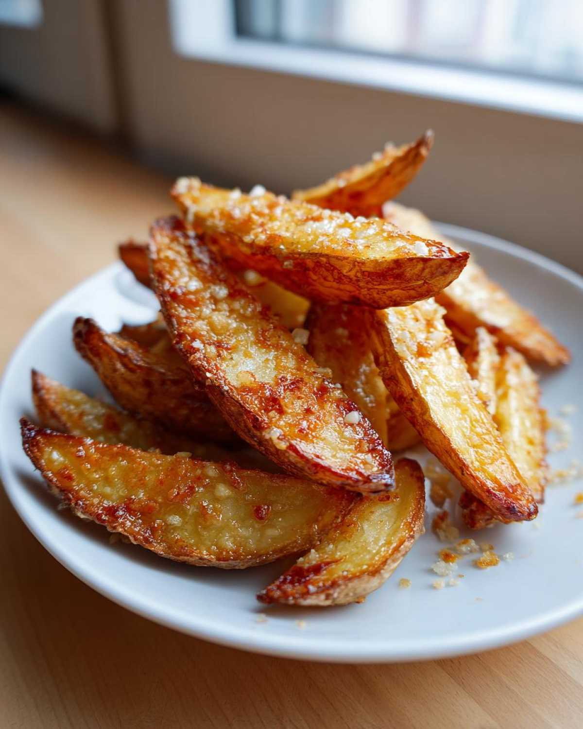 A close-up of golden brown, crispy Garlic Parmesan Potato Wedges piled high on a white plate.