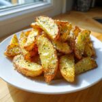 A generous pile of crispy, golden Garlic Parmesan Potato Wedges seasoned with herbs and grated cheese, served on a white plate.