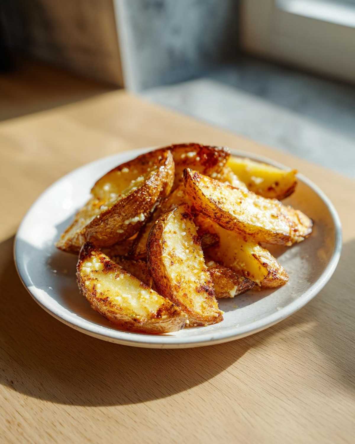 A plate piled high with crispy, golden Garlic Parmesan Potato Wedges, sprinkled with cheese.