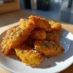 A pile of golden brown, crispy Garlic Parmesan Potato Wedges sprinkled with herbs and cheese on a white plate.