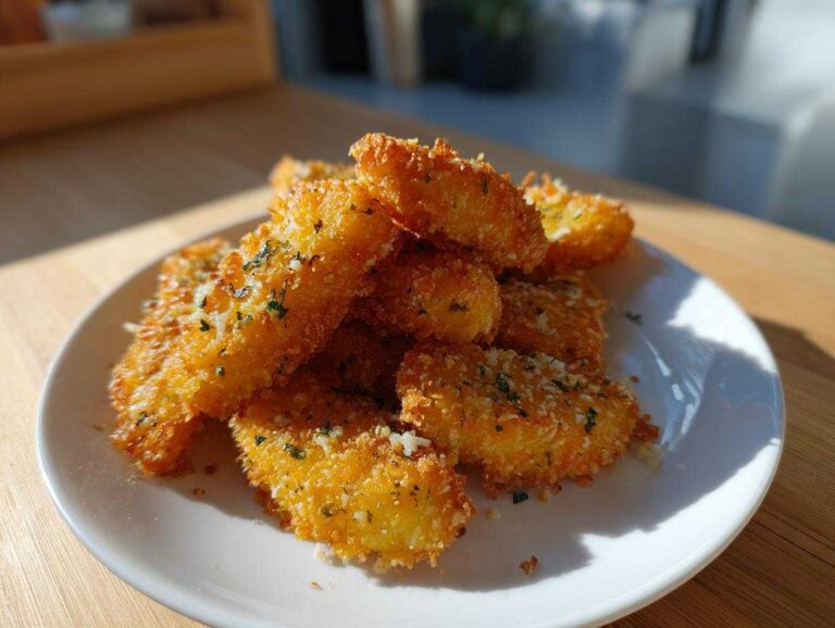 A pile of golden brown, crispy Garlic Parmesan Potato Wedges sprinkled with herbs and cheese on a white plate.