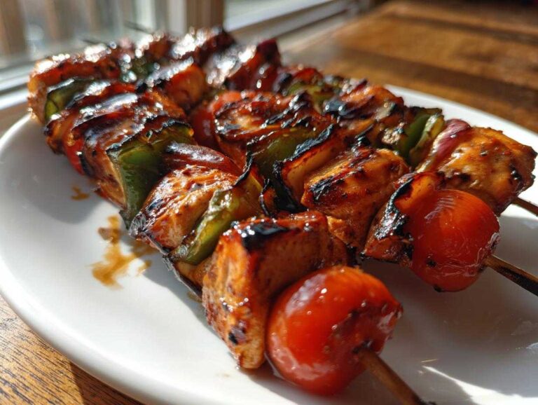 Two skewers of perfectly grilled and glazed Chicken Kabobs featuring charred chicken, green peppers, and cherry tomatoes on a white plate.