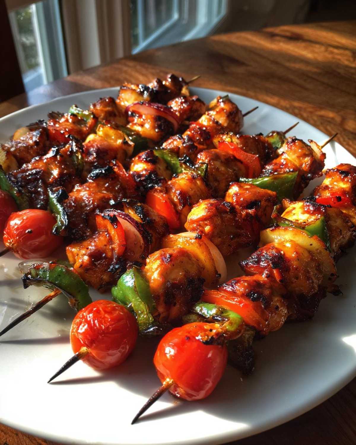 Close-up of several perfectly grilled Chicken Kabobs featuring glazed chicken, peppers, onions, and cherry tomatoes.