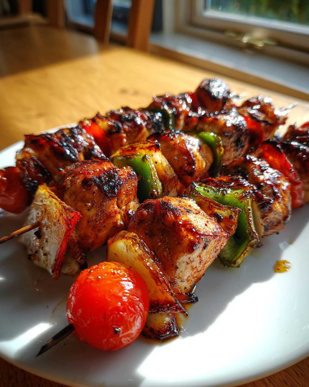 Close-up of two skewers featuring grilled Chicken Kabobs with charred chicken pieces, green peppers, onions, and cherry tomatoes.