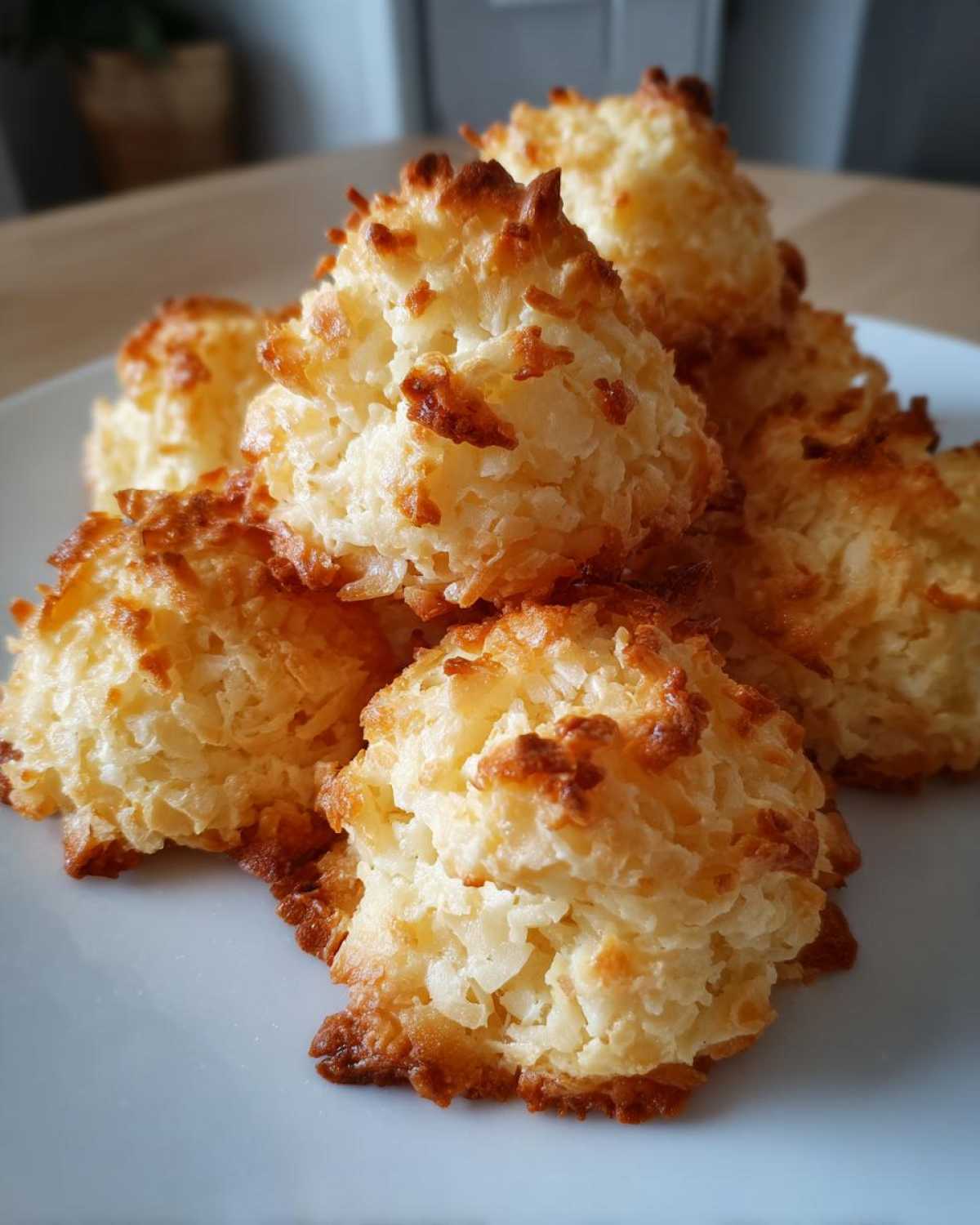 A pile of golden brown, toasted Low Carb Coconut Cookies stacked on a white plate.